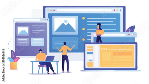 Illustration of web designers collaborating on multiple screens with a laptop and desktop setup