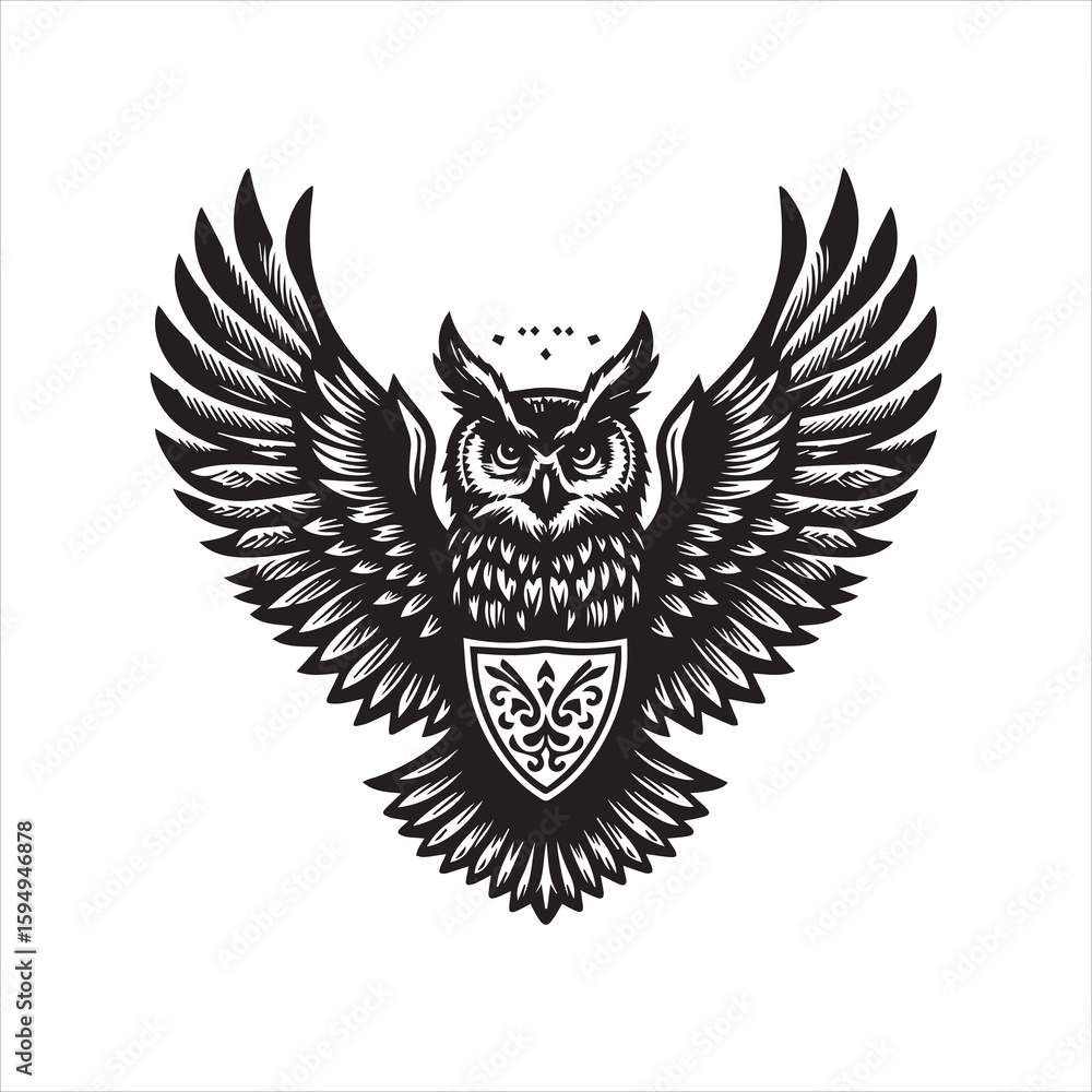Fototapeta premium Majestic Owl with Spread Wings and Ornate Shield.
