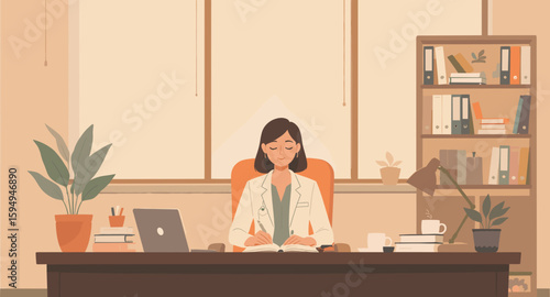 Female Doctor working at her desk in a bright office. Perfect for healthcare websites, brochures, or medical publications.