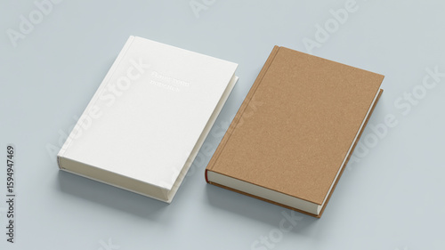 Two blank books side by side one white one brown on a grey background