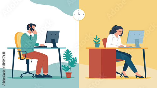 Illustration of two colleagues working in an office, perfect for websites and presentations on teamwork and collaboration.
