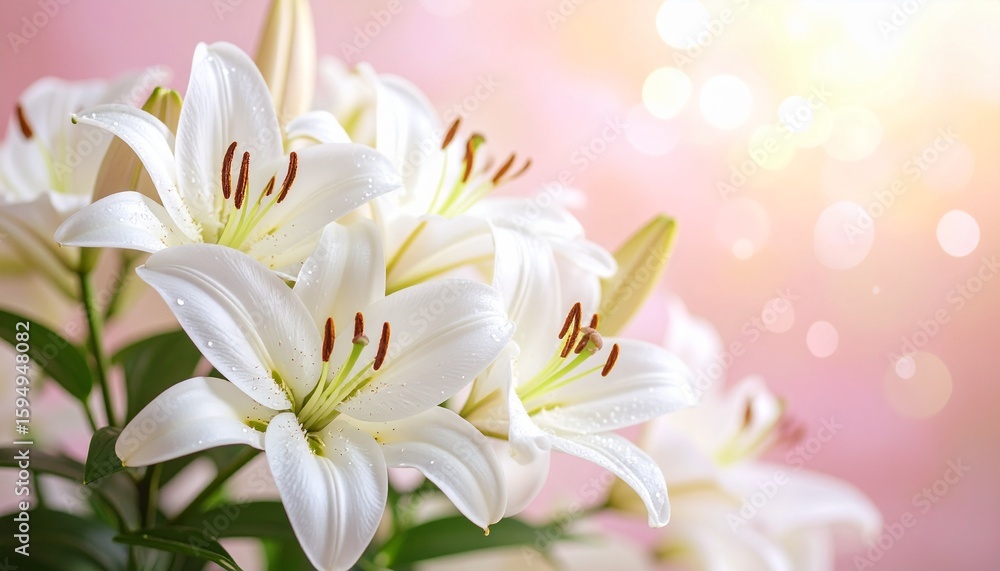 Fototapeta premium Delicate white lilies against a pastel pink backdrop, dew drops sparkling in sunlight, sharp clarity.