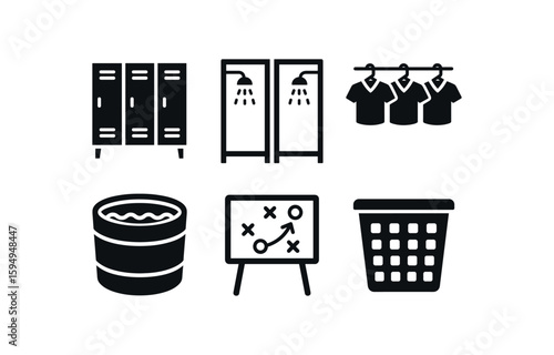 Locker room symbols: lockers, showers, uniforms, strategy board, laundry basket