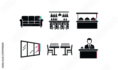 Black and white hospitality icons: sofa, bar, buffet, window, reserved table, receptionist