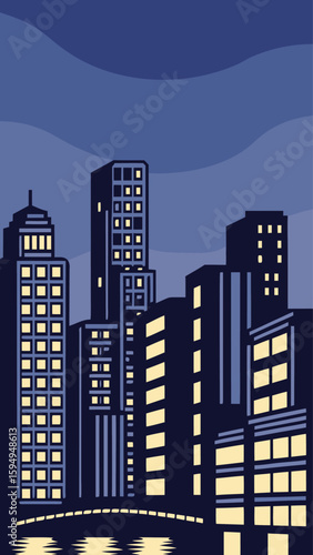 Minimal Vector Night Cityscape with Tall Buildings