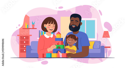 Happy family playing with building blocks at home - perfect for family blogs, parenting websites, or children's product advertisements.