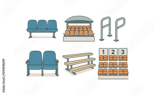 Illustrated seating types: benches, chairs, stadium seats, and bleachers