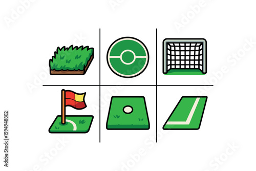 Soccer field icons set: grass, circle, goal, flag, penalty spot, sideline