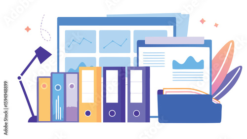 Illustration of office desk with lamp, binders, documents, folder, and graph display screen view