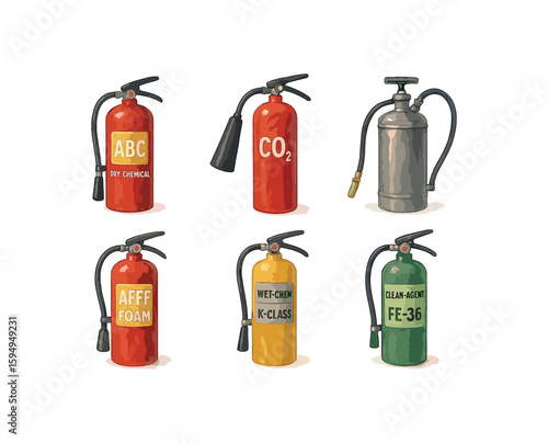 Variety of fire extinguishers: abc, co2, foam, wet chemical, clean agent