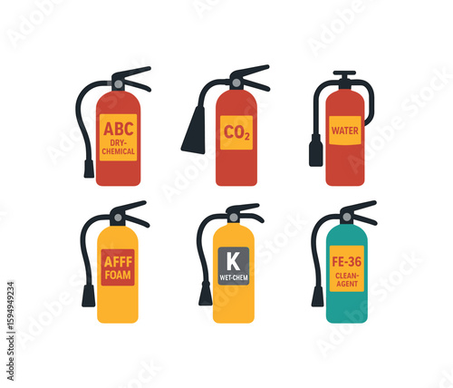 Six types of fire extinguishers: abc dry chemical, co2, water, afff foam, k wet-chem, fe-36 clean agent