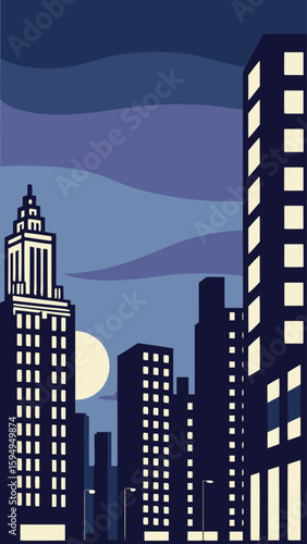 Minimal Vector Night Cityscape with Tall Buildings