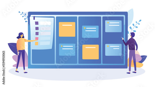 Illustration of a kanban board with two people interacting with it and floral decorations around it