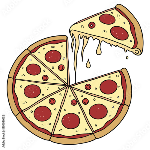Sliced pizza with pepperoni and melted cheese, isolated on a clean background for food themes.
