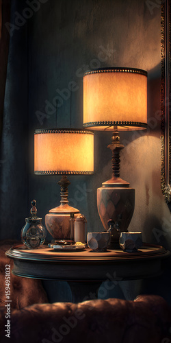 Elegant lamps illuminate a cozy corner of a room with warm tones in the evening light for a serene atmosphere