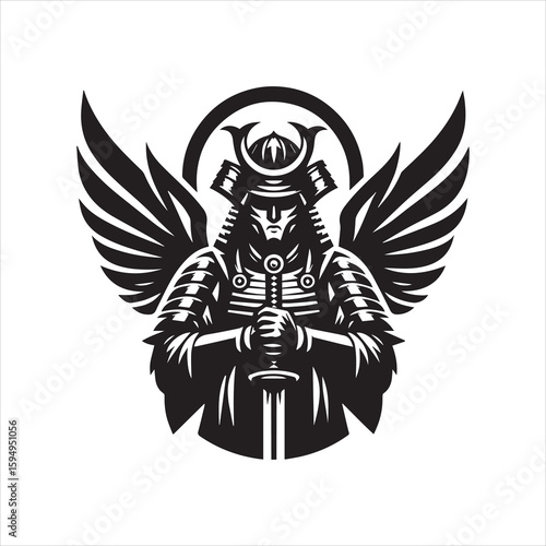 Winged Samurai Warrior Holding Katana Sword with Halo in Black and White.