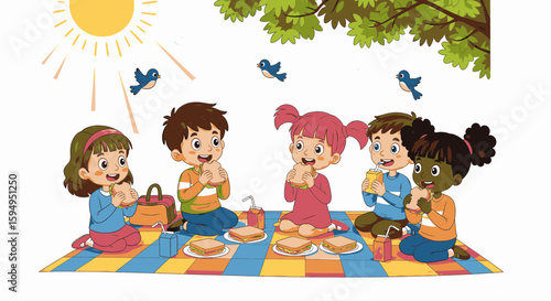 Children enjoy a picnic on a blanket under a tree, eating sandwiches in the sunshine.