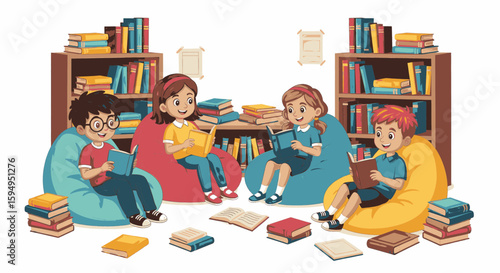 Four children are sitting on beanbags reading books in a library surrounded by bookshelves and scattered books.