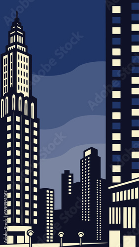 Minimal Vector Night Cityscape with Tall Buildings