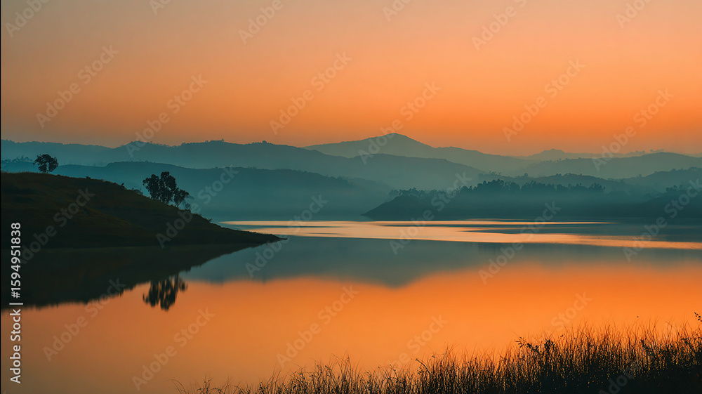 Obraz premium Orange Glow Across Mirror-Finish Lake as Thin Mist Rises in Layered Hills - beautiful image, nature view, real look