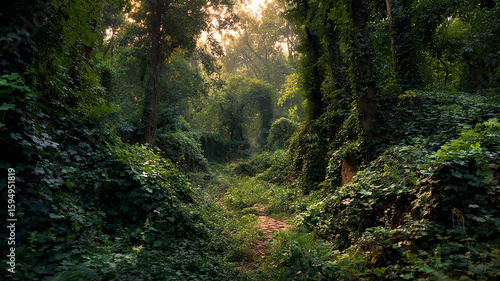 Mossy forgotten trail winding through ivy-covered woods at sunset light – beautiful image, nature view, real look