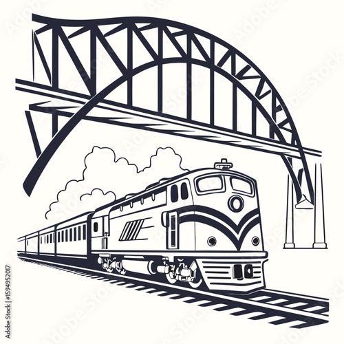 Train crossing bridge, isolated on a clean white background for travel or transport.