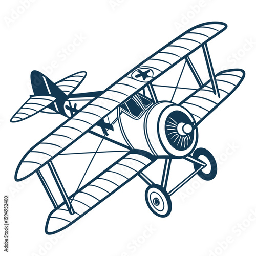 Vintage biplane with spinning propeller, isolated on a clean background for aviation themes.