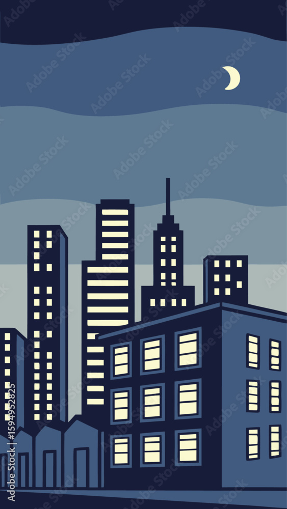 Obraz premium Minimal Vector Night Cityscape with Tall Buildings