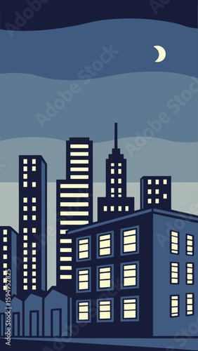 Minimal Vector Night Cityscape with Tall Buildings