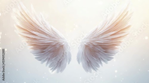 White angel wings are displayed against a soft light background, creating a peaceful and ethereal ambiance