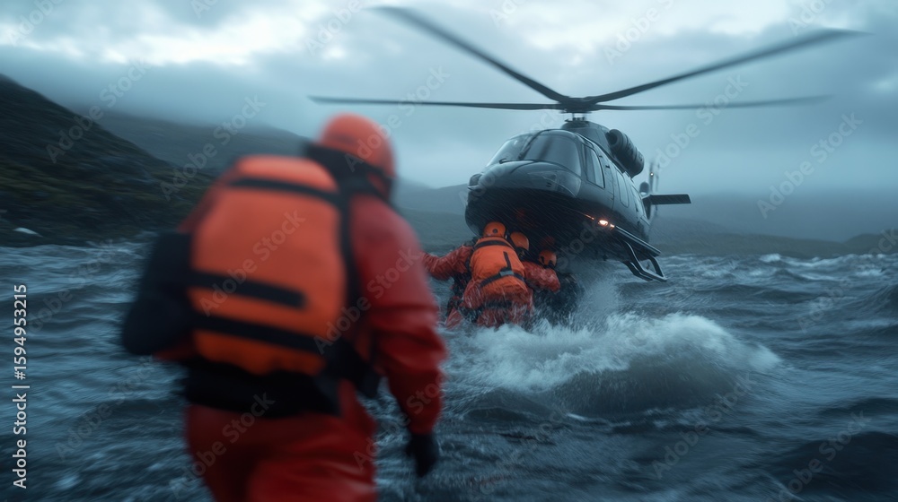 Fototapeta premium Rescue team in action: helicopter evacuation amidst stormy seas