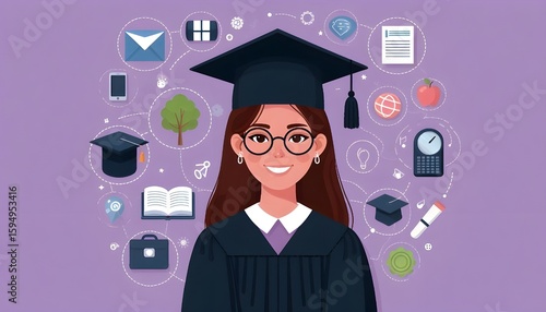 Female student with education icons and graduation cap on purple