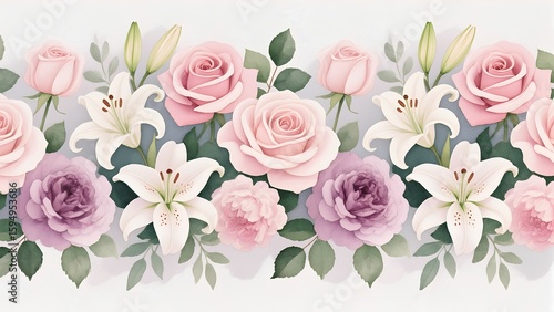 Seamless Watercolor Floral Border with Roses and Lilies