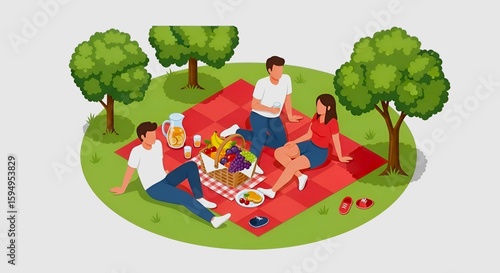 Isometric illustration of three people enjoying a picnic on a red blanket under trees outside