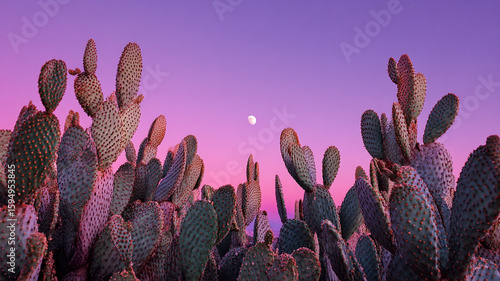 Sharp Cactus Forms at Dusk with Purple Sky and Moon Glow in Background - beautiful image, nature view, real look