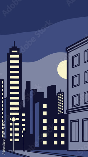 Minimal Vector Night Cityscape with Tall Buildings