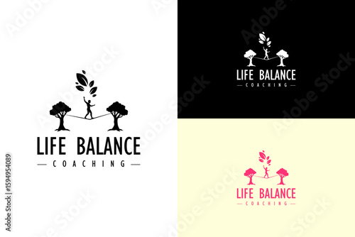 man walking a tightrope stretched between two trees vector illustration, logo for life coach, work life balance, personal balance, harmony coaching, holistic, life balance coaching, and more