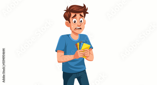 A cartoon man, visibly distressed, clutches several colored envelopes and pencils.