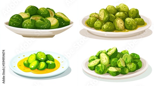 Four plates displaying halved, cooked, green brussels sprouts in a cartoonish style