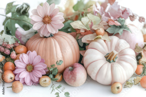 Beautiful Autumnal Pumpkins and Flowers Decorated Image