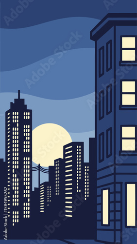 Minimal Vector Night Cityscape with Tall Buildings