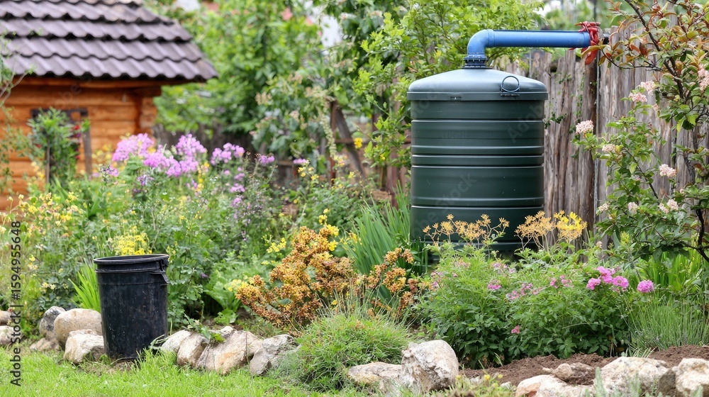 Naklejka premium Green sewage device near meadows with blue pipe and refuse container beside open manhole cover in nature setting