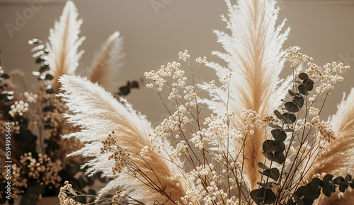 Boho-style background with dried pampas grass and neutral beige tones. Ideal for artistic wedding designs, soft branding, and printable invitations