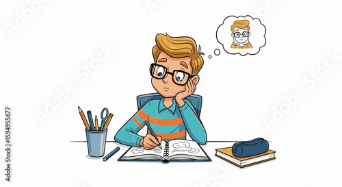 A thoughtful boy diligently works on his notebook, daydreaming about a future self.