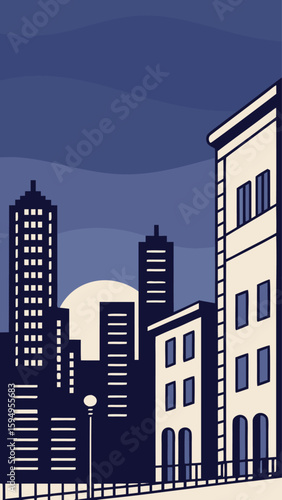 Minimal Vector Night Cityscape with Tall Buildings