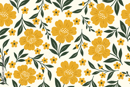 Seamless floral pattern with golden yellow flowers and deep green leaves on a soft cream background. Great for fabric, stationery, packaging, or decor.