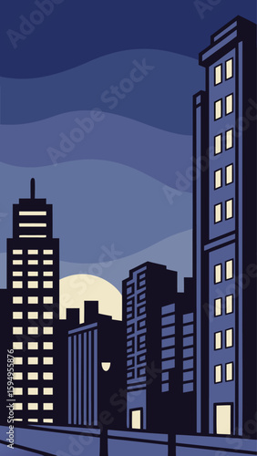 Minimal Vector Night Cityscape with Tall Buildings