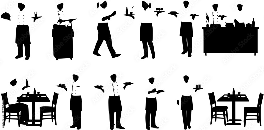 Fototapeta premium Silhouettes of chefs and waitresses in restaurant, serving food and drinks.
