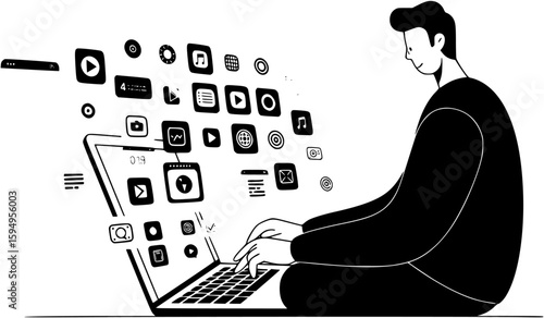 Woman Sitting at Desk with Social Media Icons
