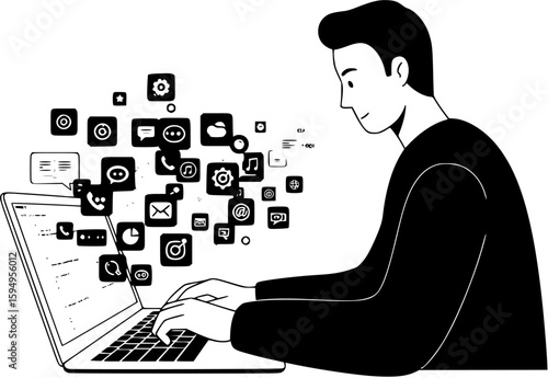 Woman Sitting at Desk with Social Media Icons
